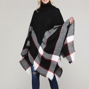 Turtleneck Pullover Fringed Hem Poncho